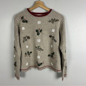 Embroidered Beige Sweater - Women's Crew Neck